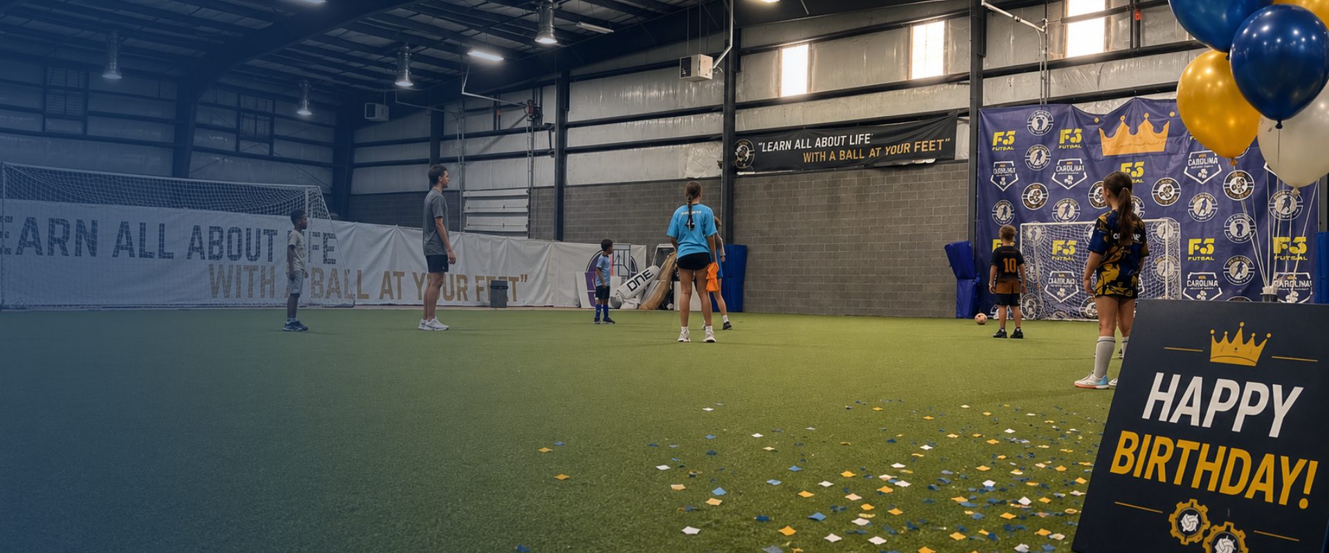 Indoor party space at The Factory prepared for a children’s birthday celebration